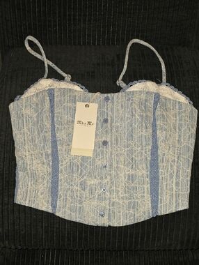 Miss Me Light Blue Lace-Trim Button Crop Top